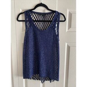 Generation Love Womens Medium Navy Open Knit Tank Mettalic Thread